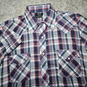 VTG Sears Med Men's Western Cotton Long Sleeve Shirt Pearl Snap Red Blue Plaid